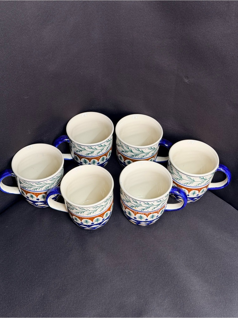 Polish Pottery Mugs set of 6 with Blue Handles and Festive Tree Pattern - Picture 8 of 10